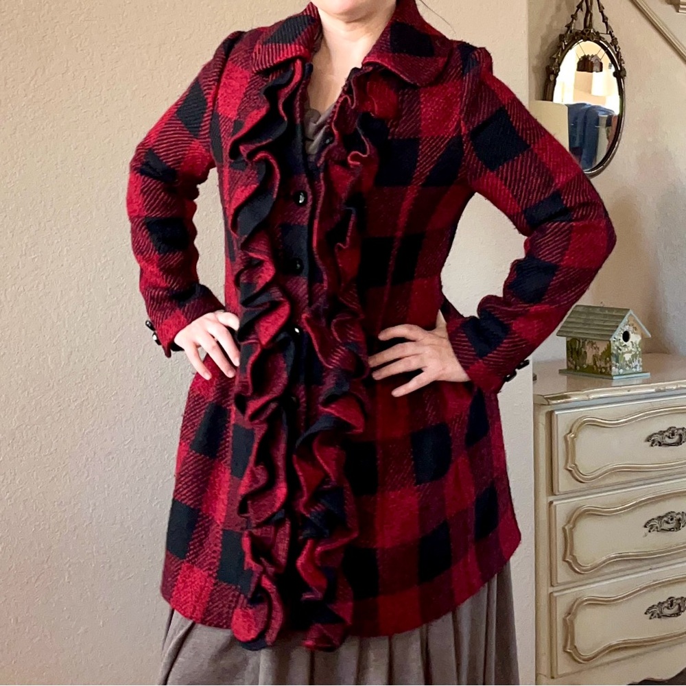 Anthropologie Women Size L Birling Ruffle‎ Coat Plenty Tracy Reese Buffalo Plaid